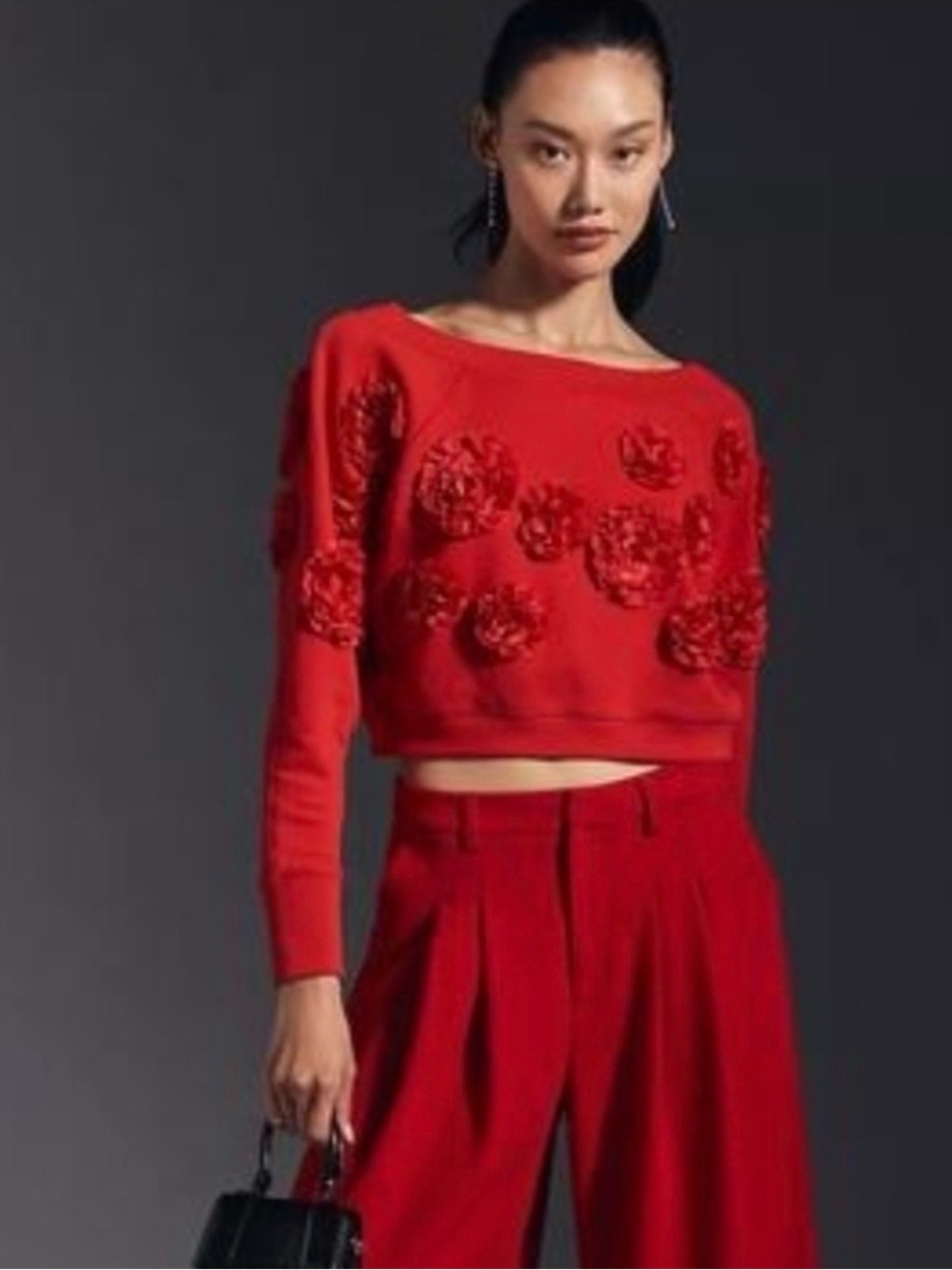 Anthropologie Red Cropped Sweatshirt with 3D Floral Appliqués